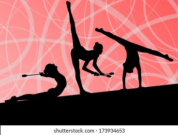 Active young girls calisthenics sport gymnasts silhouettes with clubs  in acrobatics abstract background illustration vector