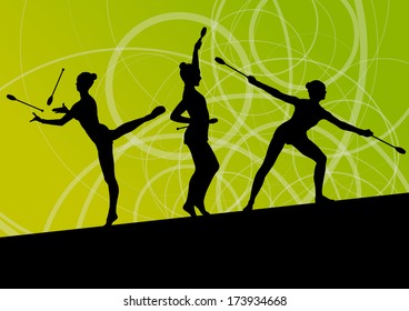 Active young girls calisthenics sport gymnasts silhouettes with clubs  in acrobatics abstract background illustration vector