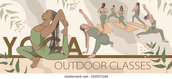 active young girls doing yoga outdoors, banner with the inscription yoga class outdoors