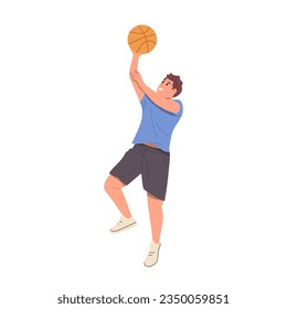 Active young guy basketball player character training throwing ball in basket isolated on white