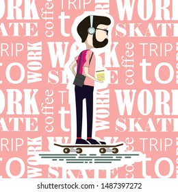 active young guy goes to work. bearded guy with coffee. a skateboarder rides on the street, enjoys life and drinks coffee.