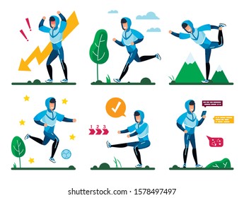 Active Young Man Angry Because Problems, Feeling Stress, Jogging, Stretching and Squatting Outdoors, Playing in Soccer in Park, Communicating with Friends Online Trendy Flat Vector Illustrations Set