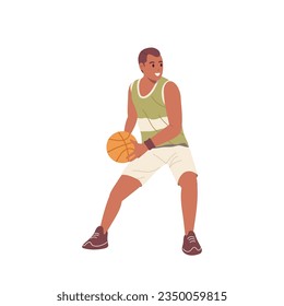 Hombre joven activo personaje de jugador de baloncesto parado en posición de pasaje aislado en blanco