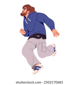 Joven activo con barba y el pelo largo corre. La persona moderna se apresura, se apresura a ganar. Chico feliz se mueve hacia el éxito, los objetivos. Un tipo gracioso trotando. Ilustración vectorial aislada plana sobre fondo blanco