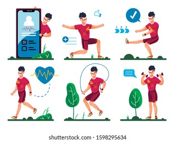 Active Young Man Doing Fitness Exercise Trendy Flat Vector Concepts Set. Man Stretching And Squatting, Waking, Rope Jumping, Working With Dumbbells, Monitoring Training Results On Phone Illustration