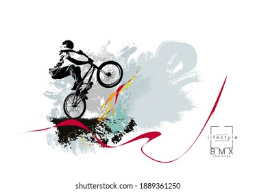 Active young man doing tricks on a bicycle, extreme sport concept. Sport background ready for poster or banner, vector.