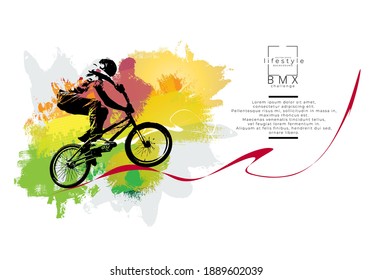 Active young man doing tricks on a bicycle, extreme sport concept. Sport background ready for poster or banner, vector.