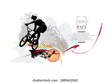 Active young man doing tricks on a bicycle, extreme sport concept. Sport background ready for poster or banner, vector.