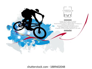 Active young man doing tricks on a bicycle, extreme sport concept. Sport background ready for poster or banner, vector.