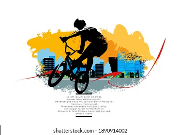 Active young man doing tricks on a bicycle, extreme sport concept. Sport background ready for poster or banner, vector.