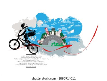 Active young man doing tricks on a bicycle, extreme sport concept. Sport background ready for poster or banner, vector.