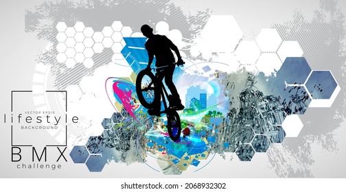 Active young man doing tricks on a bicycle, extreme sport concept. Sport background ready for poster or banner, vector