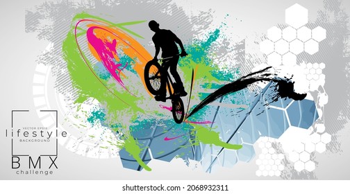 Active young man doing tricks on a bicycle, extreme sport concept. Sport background ready for poster or banner, vector