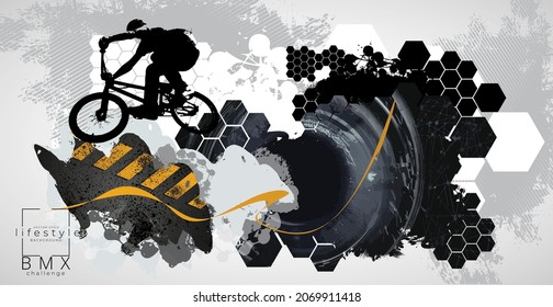 Active young man doing tricks on a bicycle, extreme sport concept. Sport background ready for poster or banner, vector