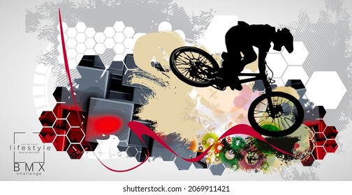 Active young man doing tricks on a bicycle, extreme sport concept. Sport background ready for poster or banner, vector