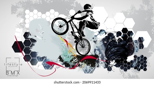 Joven activo haciendo trucos en una bicicleta, concepto deportivo extremo. Fondo deportivo listo para carteles o pancartas, vector