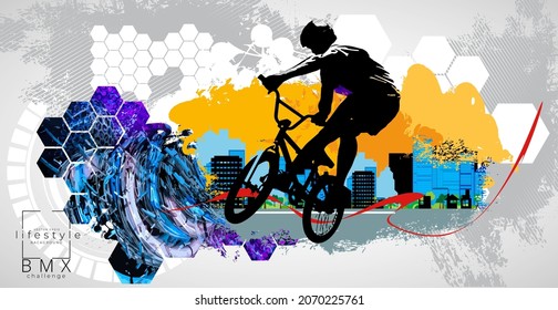 Active young man doing tricks on a bicycle, extreme sport concept. Sport background ready for poster or banner, vector