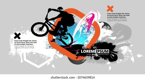 Active young man doing tricks on a bicycle, extreme sport concept. Sport background ready for poster or banner, vector