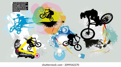 Active young man doing tricks on a bicycle, extreme sport concept. Sport background ready for poster or banner, vector