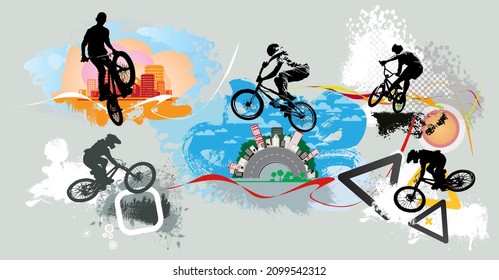 Active young man doing tricks on a bicycle, extreme sport concept. Sport background ready for poster or banner, vector