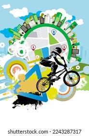 Active young man doing tricks on a bicycle, extreme sport concept. Sport background ready for poster or banner, vector.