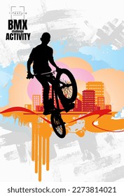 Active young man doing tricks on a bicycle, extreme sport concept. Sport background ready for poster or banner, vector.