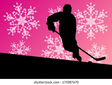 Active young man hockey player sport silhouette in winter ice and snowflake abstract background illustration vector