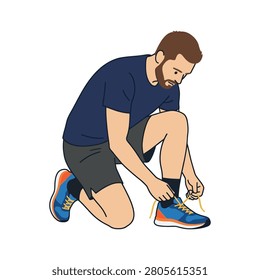 An active young man kneeling down to tie his shoelaces vector set illustration.