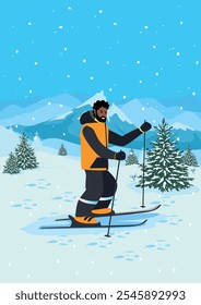 Active young man in orange ski suit descending from mountain. Winter recreation and sport. Active lifestyle. Extreme sports. Vertical vector illustration.