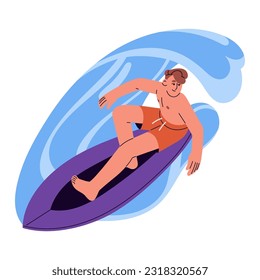 Active young man riding surfboard. Happy surfer catching a wave on board in ocean or sea. Boy surfing on summer holidays. Extreme water sport. Flat vector illustration isolated on white background