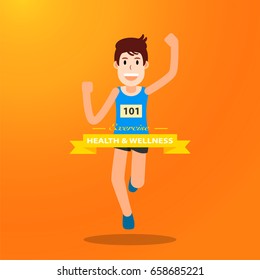 active young man running jogging exercise for marathon race on orange background. individual sport character city run training lifestyle. vector illustration design.
