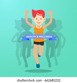 active young man running jogging exercise for marathon race on blue background. individual sport character city run training lifestyle. vector illustration design.