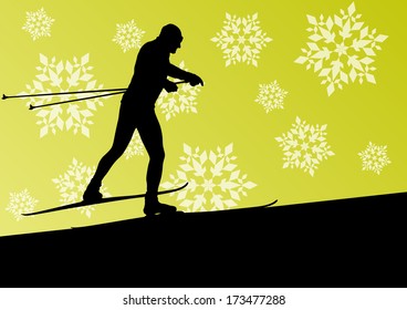 Active young man skiing sport silhouette in winter ice and snowflake abstract background illustration vector