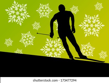 Active young man skiing sport silhouette in winter ice and snowflake abstract background illustration vector