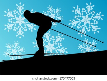 Active young man skiing sport silhouette in winter ice and snowflake abstract background illustration vector