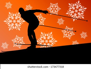 Active young man skiing sport silhouette in winter ice and snowflake abstract background illustration vector