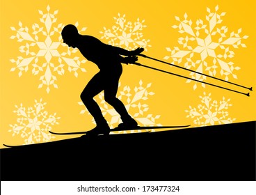 Active young man skiing sport silhouette in winter ice and snowflake abstract background illustration vector
