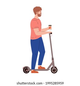 Active young man standing near electric walk scooter and drink coffee. Modern eco urban transport. Active lifestyle concept. Colored flat vector illustration isolated on white background.