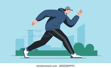 Active young man wearing hoodie and baseball cap running fast through city park with urban buildings background.