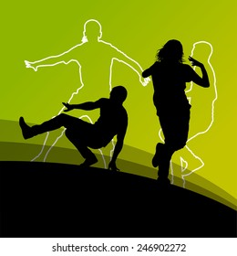 Active young man and woman dancers silhouettes in abstract line background illustration vector