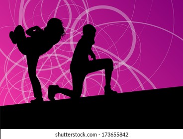 Active young man and woman street break dancers silhouettes in abstract line background illustration vector