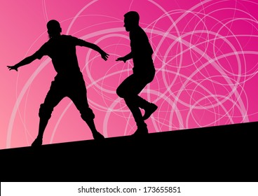 Active young man and woman street break dancers silhouettes in abstract line background illustration vector