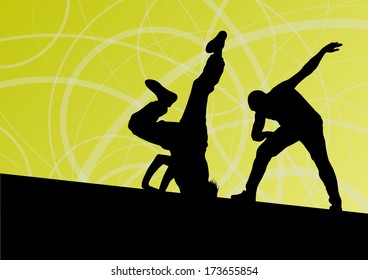 Active young man and woman street break dancers silhouettes in abstract line background illustration vector