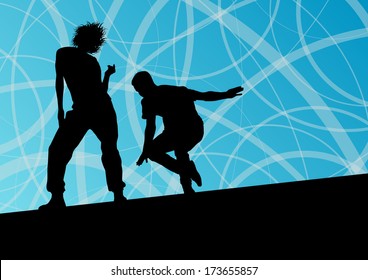 Active young man and woman street break dancers silhouettes in abstract line background illustration vector