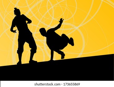 Active young man and woman street break dancers silhouettes in abstract line background illustration vector