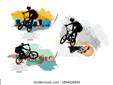 Active young men doing tricks on a bicycle, extreme sport concept. Sport background ready for poster or banner, vector.