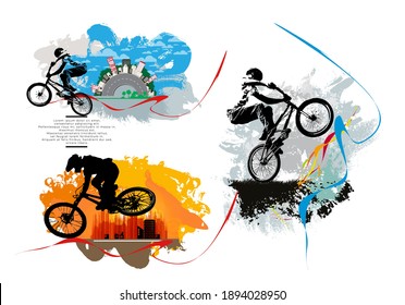 Active young men doing tricks on a bicycle, extreme sport concept. Sport background ready for poster or banner, vector.