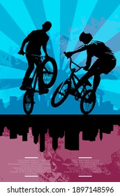 Active young men doing tricks on a bicycle, extreme sport concept. Sport background ready for poster or banner, vector.