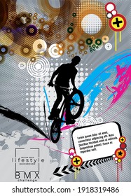 Active young men doing tricks on a bicycle, extreme sport concept. Sport background ready for poster or banner, vector.