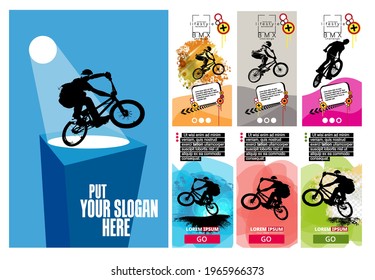 Active young men doing tricks on a bicycle, extreme sport concept. Sport background ready for poster or banner, vector